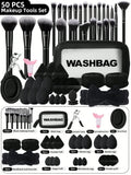 50PCS Makeup Tools:1PC cosmetic bag+25PCS Makeup brush set+9PCS Makeup Sponges+9PCS Powder Puffs+6PCS Makeup Tools